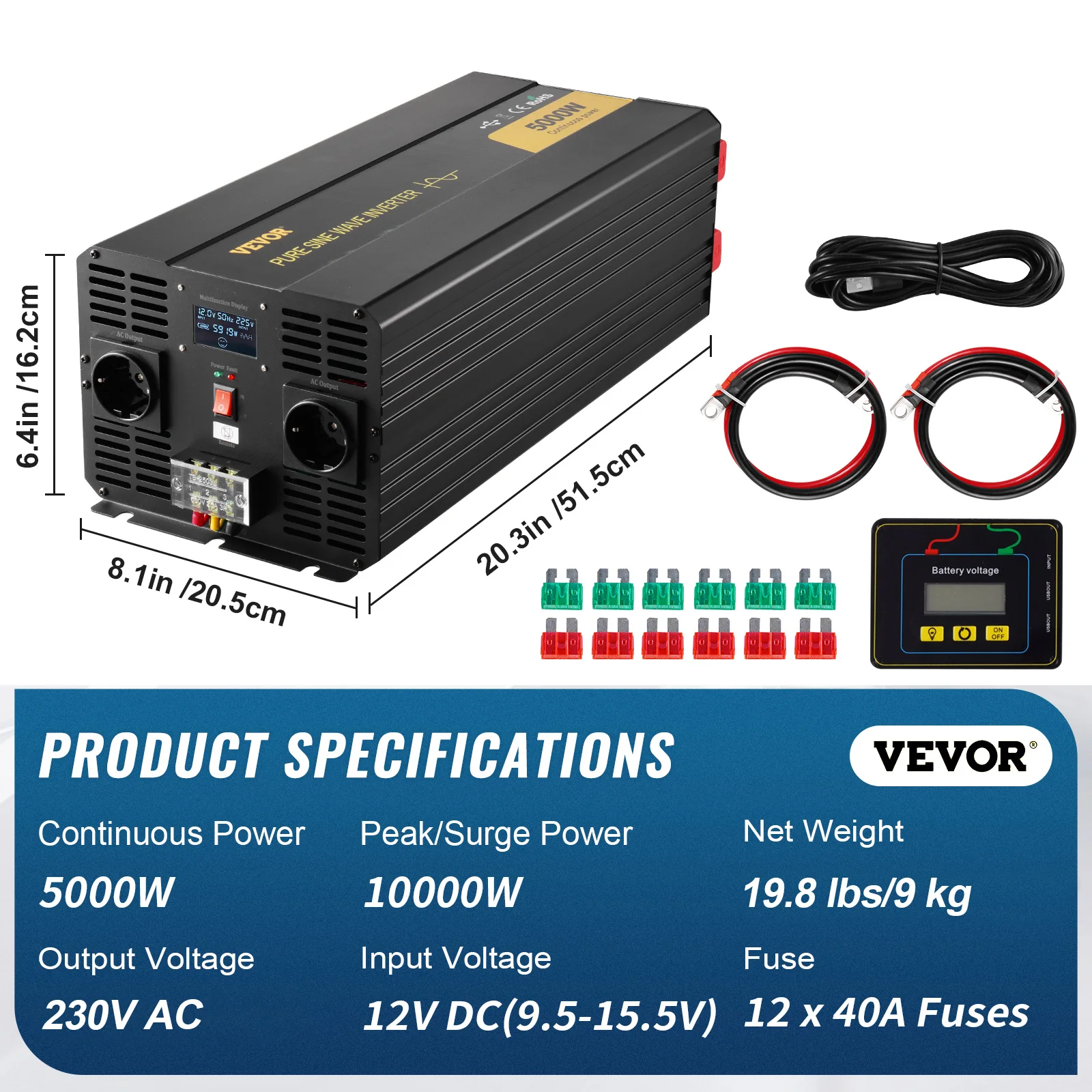 SucceBuy Zuivere Sinusomvormer 3000 Watt 5000 Watt AC 230 V Omvormer + USB-poort LCD-scherm Afstandsbediening EU-uitgangen RV Gebruik