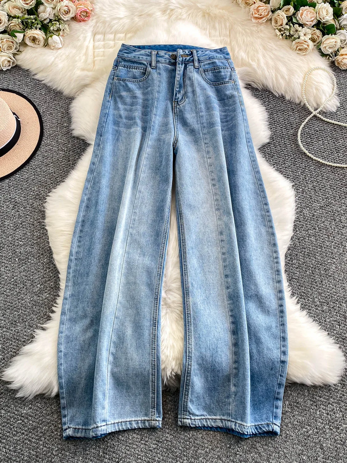 Retro American Waed Blue Jeans Pantaloni a gamba larga Donna Autunno Inverno Casual Allentato Dimagrante Piano-lunghezza Jeans a gamba dritta