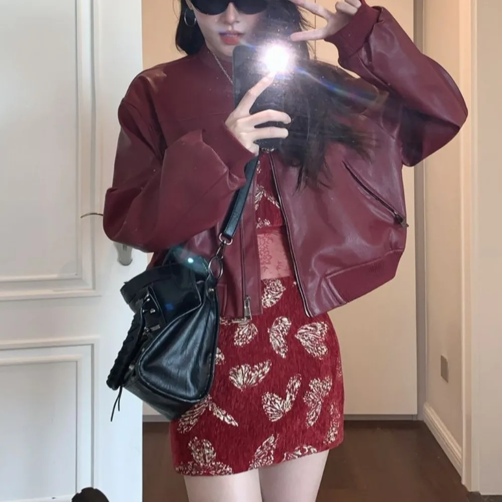 Vroege herfst Amerikaanse Sle ort rood leer Jaet dames high-end gevoel 2024 nieuwe kleine maat Jaet ritssluiting lange Sve