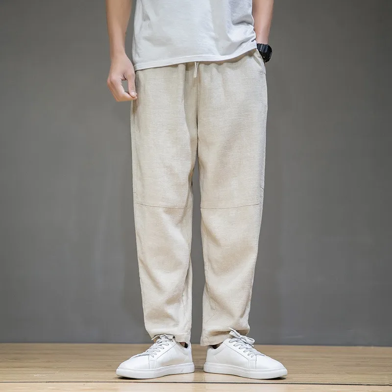 Men's Pants with Chinese Style Loose Fitting Straight Leg Casual Pants, Men's Cotton and Linen Harlen Wide Leg Long Pants