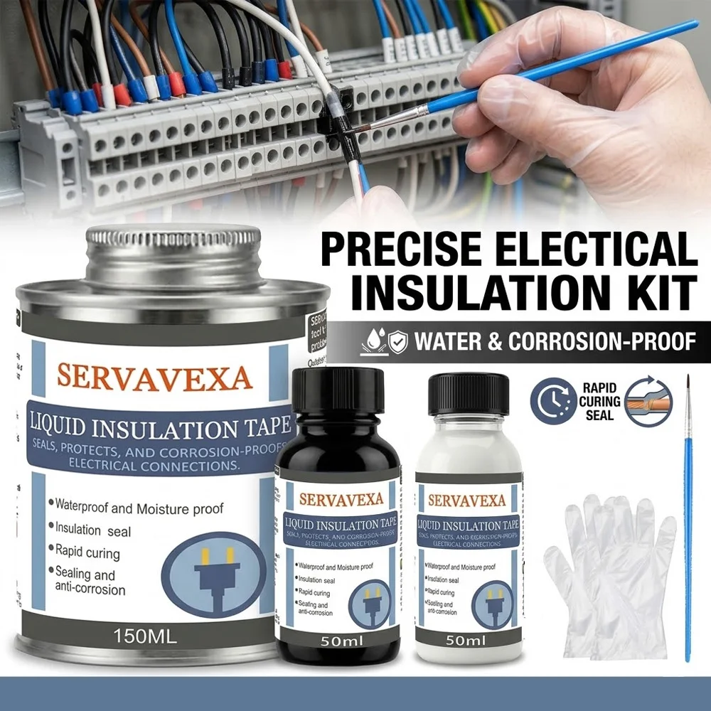 SERVAVEXA  Liquid Electrical Tape Kit, Waterproof Insulation Sealant with Brush & Gloves, Rapid Curing for Outdoor Wiring