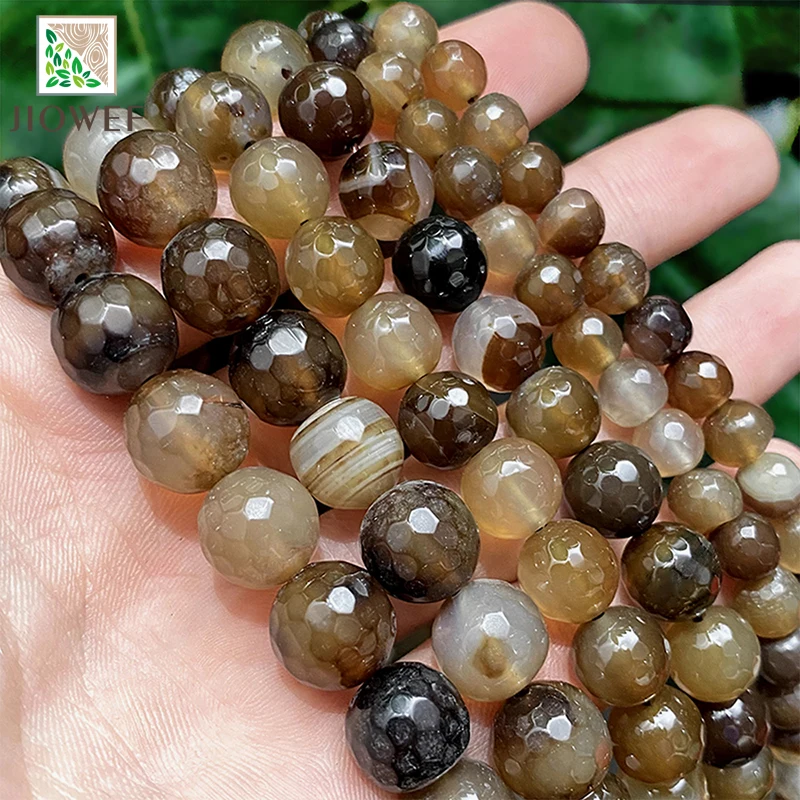 Natural Faceted Brown Coffee Agates Football Shape Round Beads DIY Handmade Bracelets for Jewelry Making 4/6/8/10/12/14mm 15''