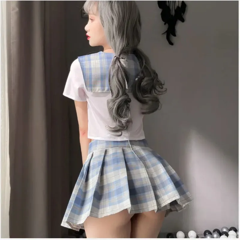 Kawaii School Girl Costume Women Sexy Cosplay Lingerie Sweet Student JK Uniform Tops with Plaid Skirt and Tie Set Role Play