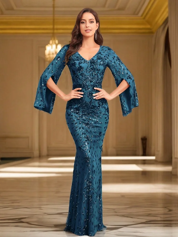 Lucyinlove-Robe de Soirée de Forme Sirène à Manches sulfpour Femme, Tenue de Bal, Mariage, Cocktail, Grande Taille, Paillettes, Bleu, Luxe, 2024