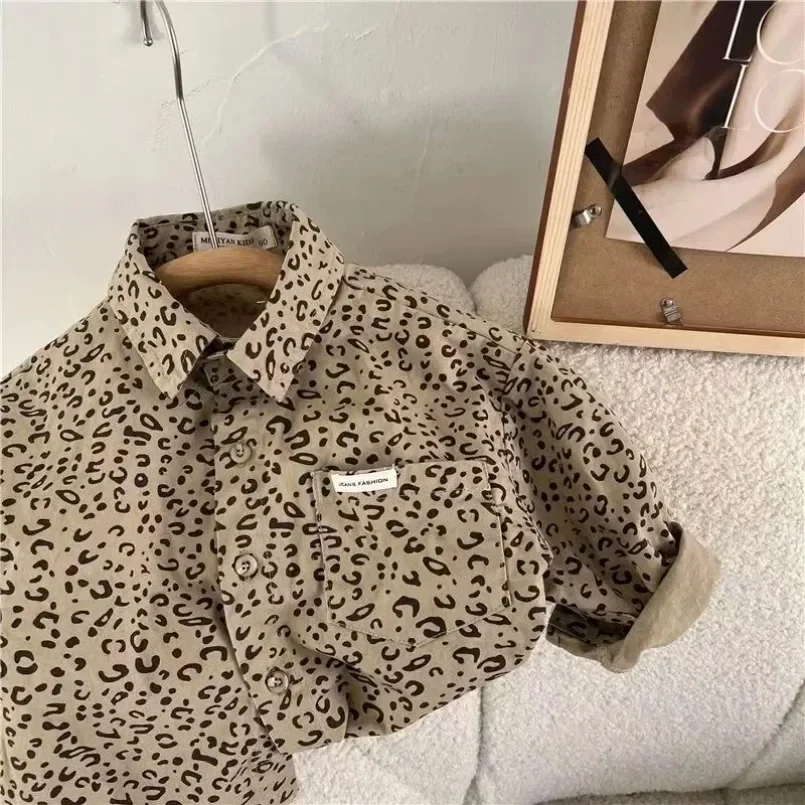 Children's Shirt  Product Boys and Girls Leopard Pattern Shirt Baby Korean Edition Shirt Spring New Coat Boys Cartoon Top