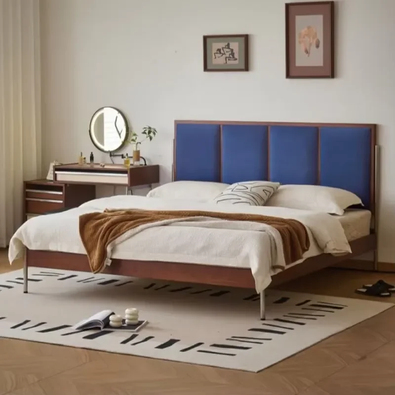 Vintage Solid Oak Double Bed Bauhaus Inspired Ultra Thin Upholstered Headboard French Medieval Style