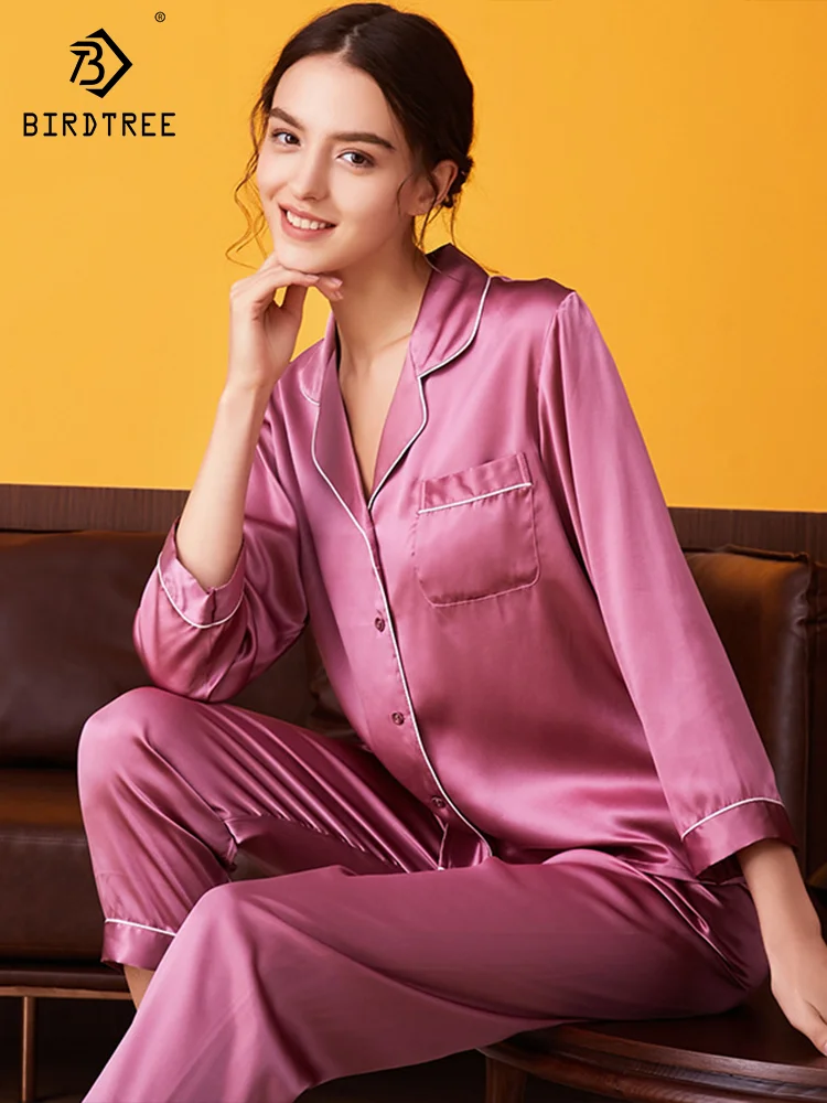 16MM 100% Silk Pajamas Set for Women Summer and Autumn Long-sleeved Mulberry Home Service Silk Women\'s Pocket Pijama Set P31013Z