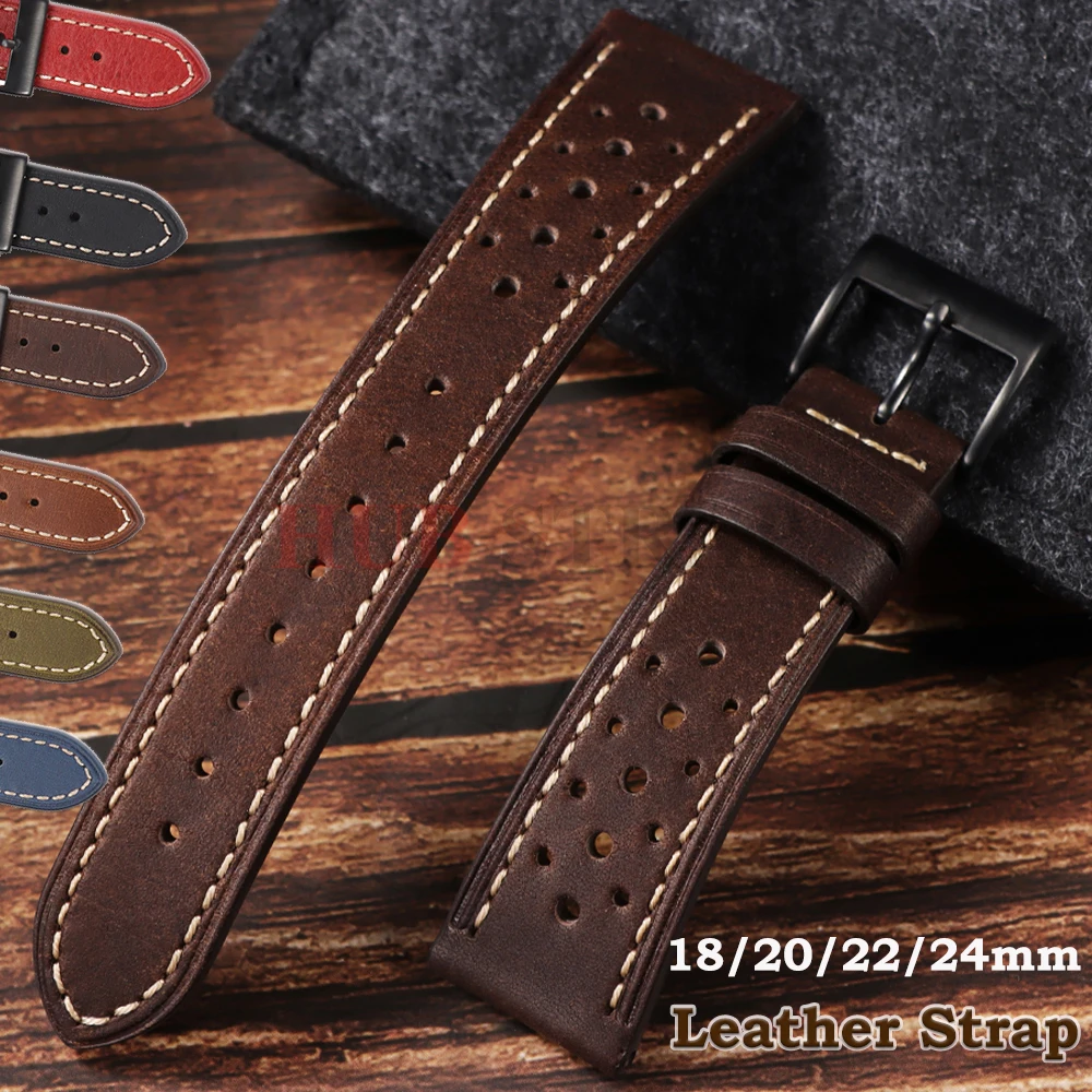 Vintage Handmade Watch Strap 18mm 20mm 22mm 24mm Retro Genuine Leather Soft Strap Green Black Brown Breathable Porous Watchbands