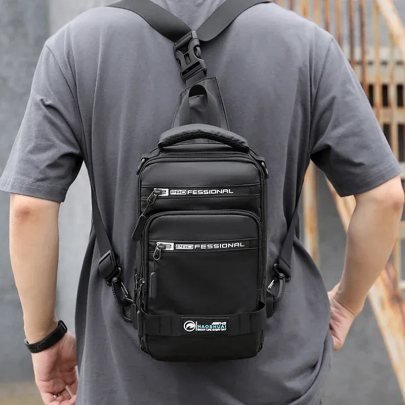 Men Nylon Rucksack Daypack Messenger Bag with USB Charging Port Male Fashion Knapsack Backpack Cross body Sling Chest Pack Bag