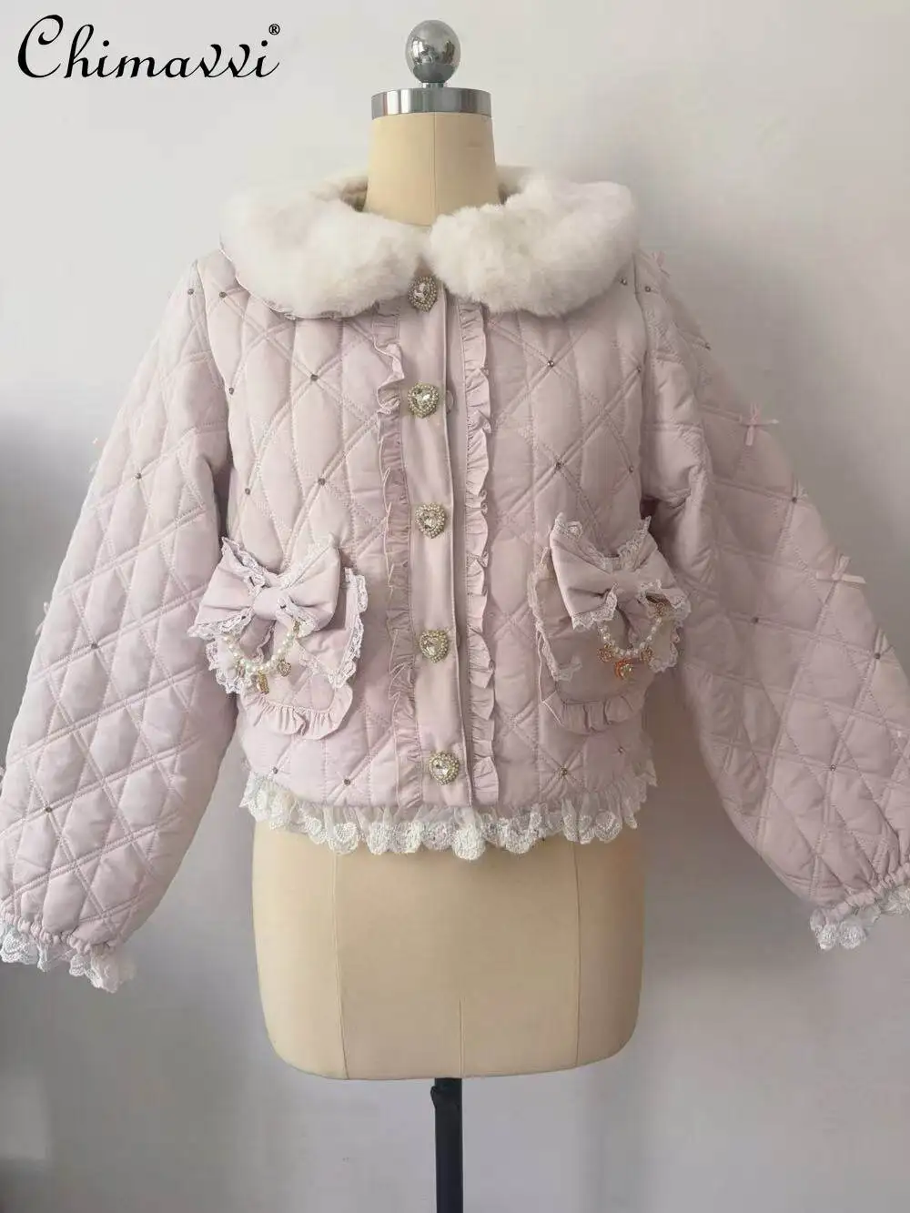 

New Winter Cute Soft Girl Doll Collar Short Cotton Coat Japanese Sweet Lace Fur Collar Bow Padded Quilted Jacket Women Tops