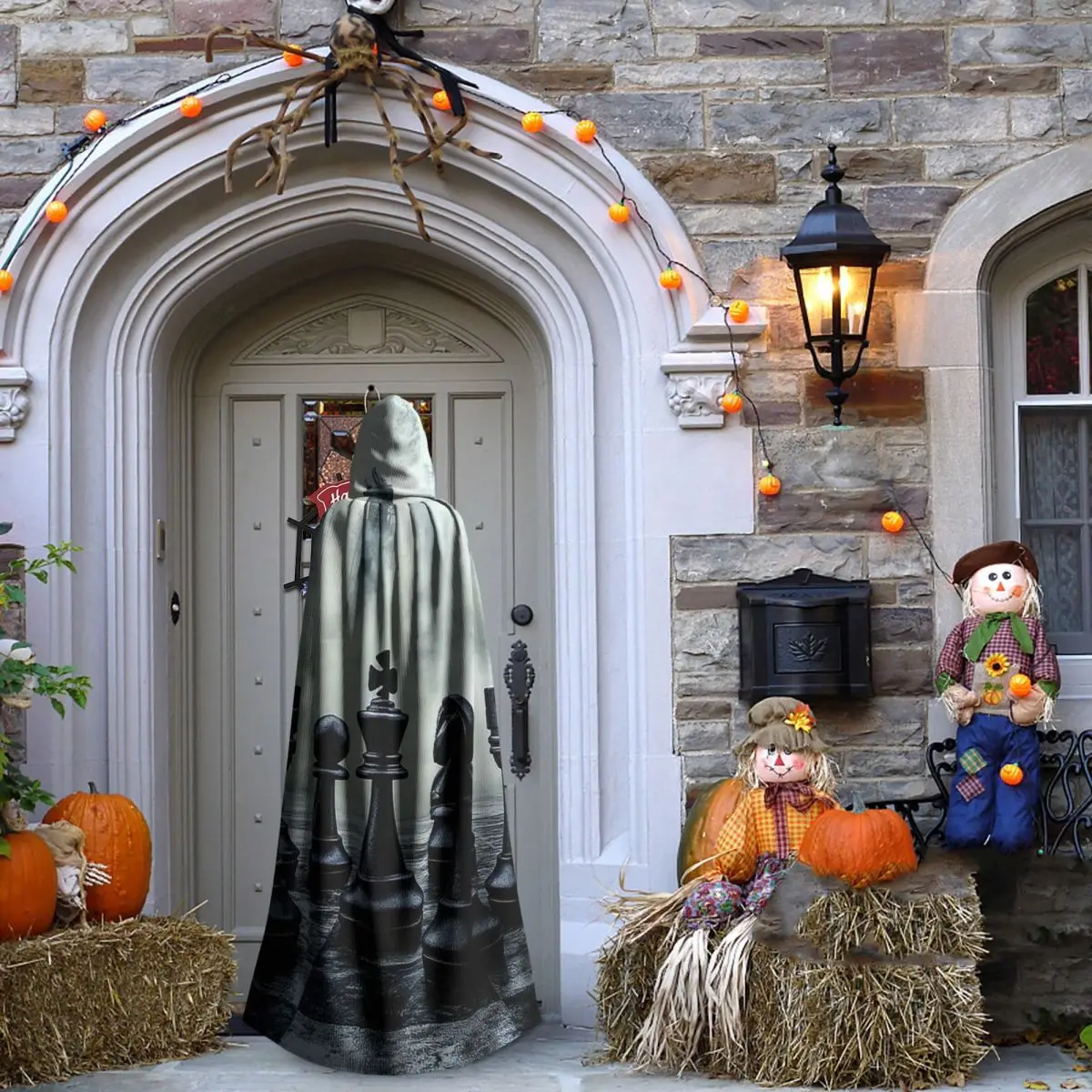 블랙 킹 체스 체스보드 롱 후드 망토 마녀 중세 의상 코스프레 케이프 할로윈 뱀파이어 성인 유니섹스