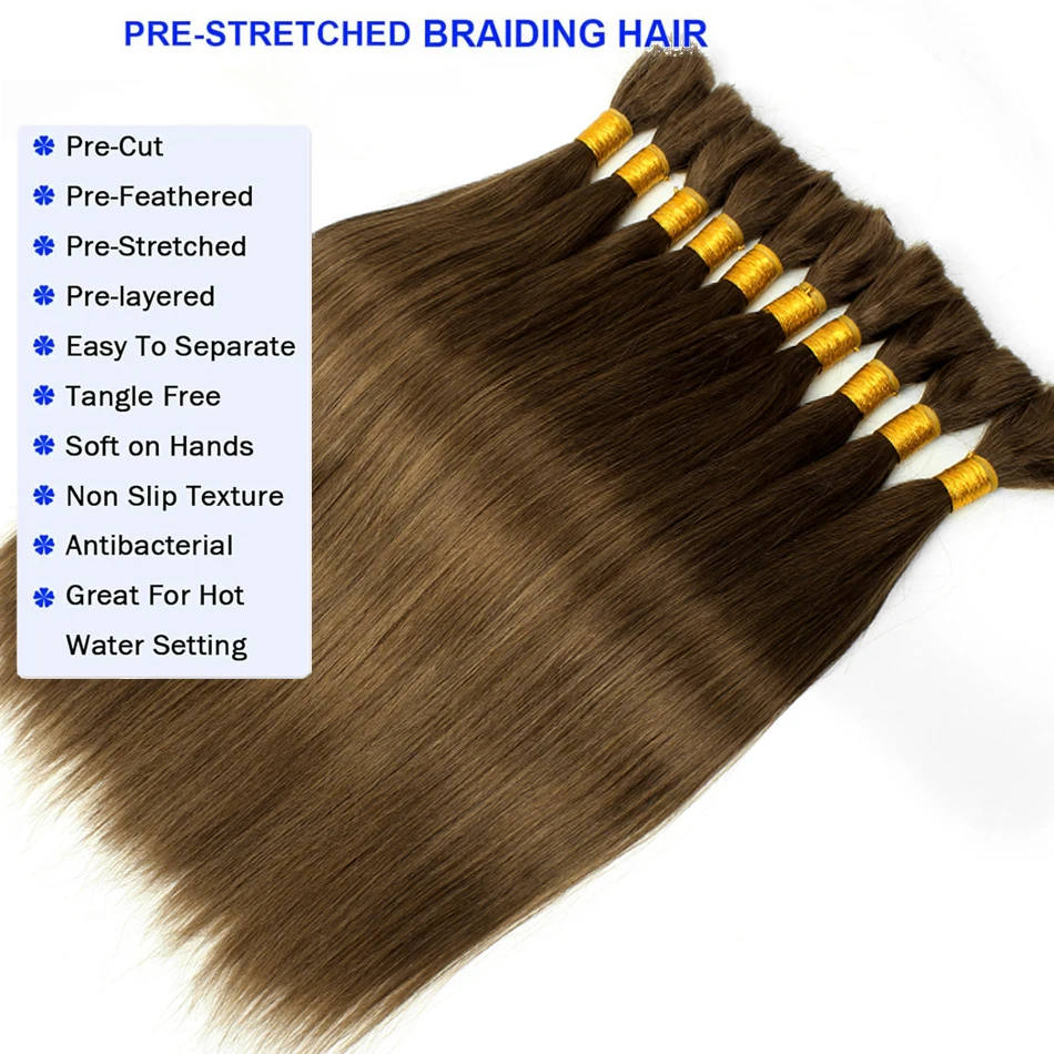 Extensions de Cheveux Humains pour Tressage Remy, au Crochet, Lisses, Bruns châtains, 16-28 Pouces, 6 #, 100g