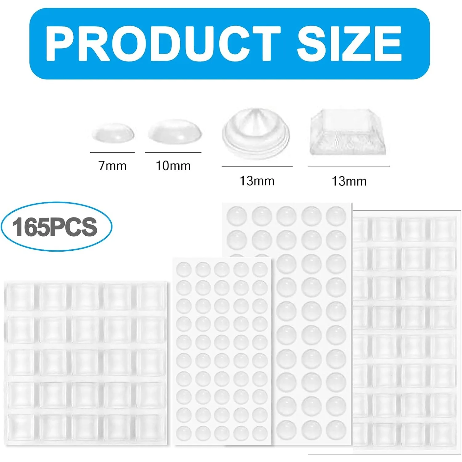 165 Pack Adhesive Furniture Bumpers, 4 Shapes Clear Rubber Bumper Pads, Cabinet Door Silencer, Self Adhesive Rubber Feet