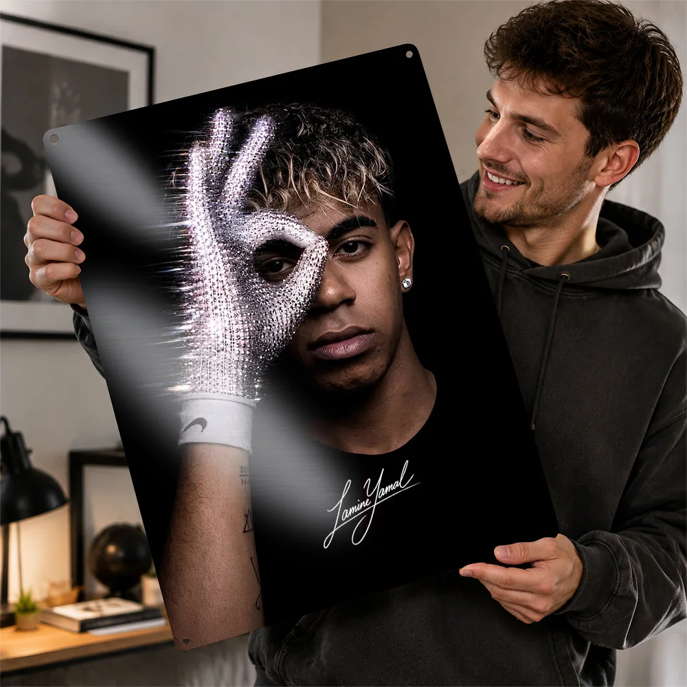 Lamine Yamal Sparkle Gesture Portrait 3D Texture Printed Poster Custom Vintage Metal Tin Plate Sign for Wall Art Decor Room Home