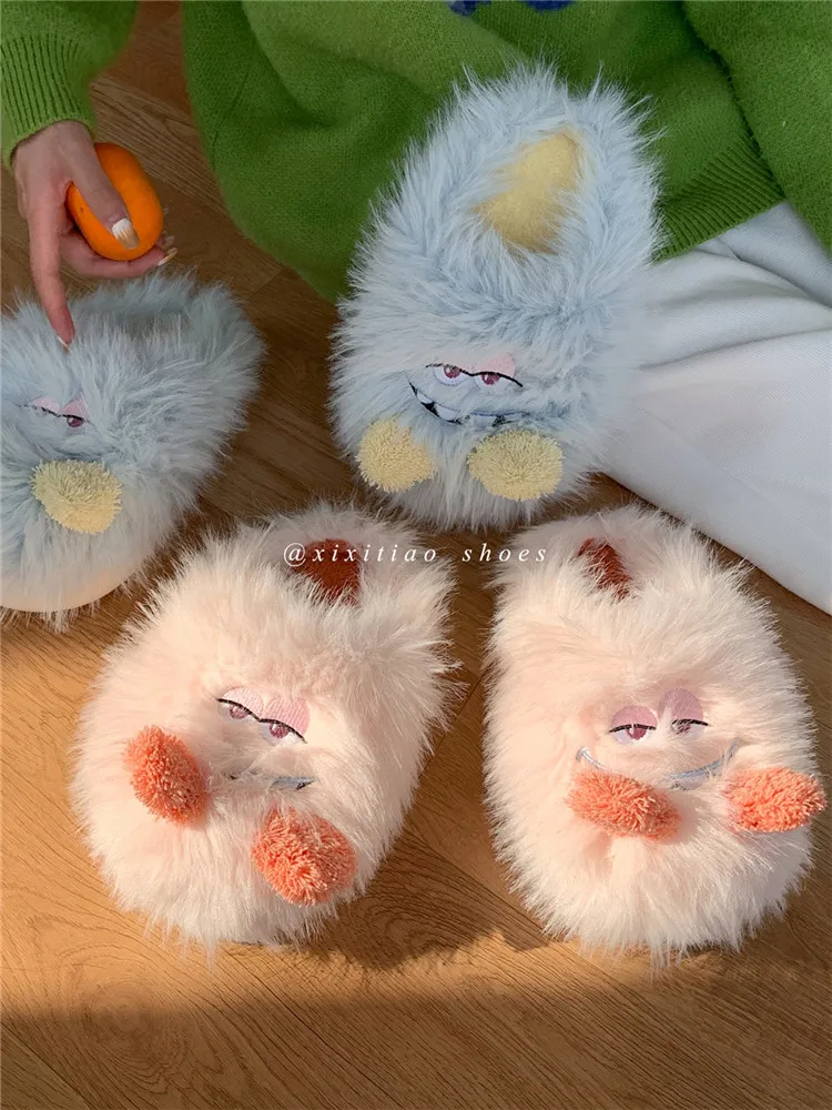 Funny Cuite Lovers Monster Cotton Slippers Women 2022 Winter Non Slip Soft Thick Sole Lovely Warm Home Slipper Household Men