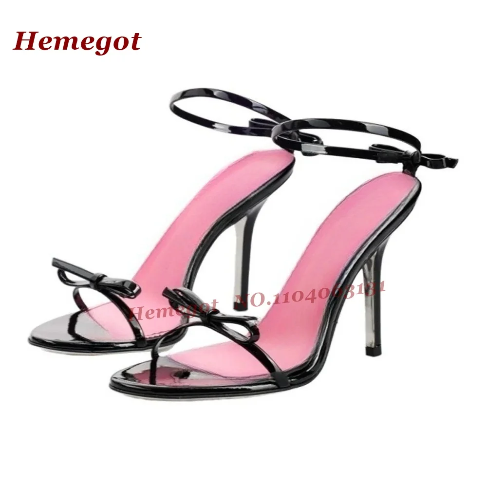 

Black Pink Bows Slingback Sandals Open Toe One Strap Buckled Patchwork Women's Sandals Splicing Glossy Runway Party Shoes Sexy