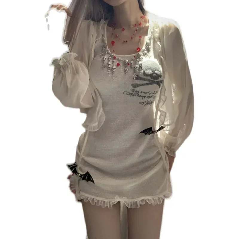 Japanese Harajuku Knitted Sleeveless Dress Hot Girl Summer Thin A-line Skull Printing Sexy Gothic Cute White Mini Dress Vestidos