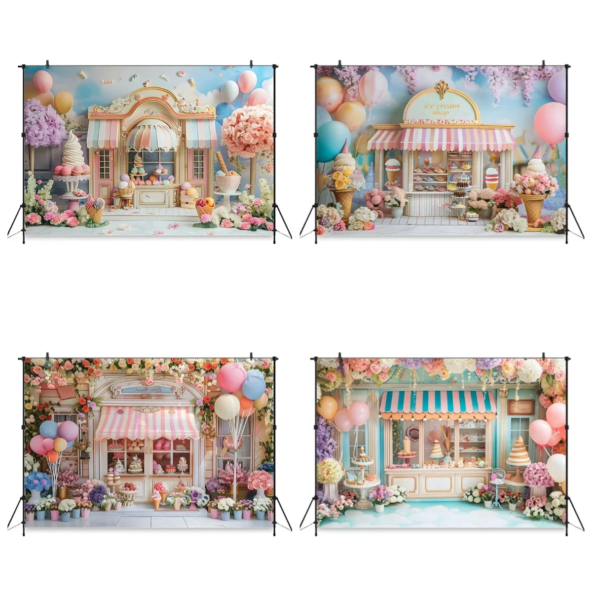 

Фон для фотосессии в стиле кафе-кондитерской – тема «Кейк-круши» с воздушными шарами и цветами, для декора свадеб и дней рождения, для фотосъемки.