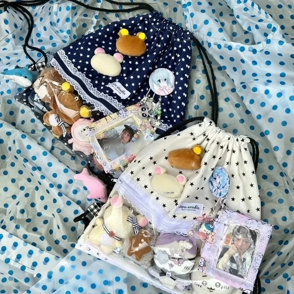 

Teenage Girls Star Print School Bag Transparent Lace Mochila Drawstring Backpack Canvas Bags for Woman Original Sac Femme