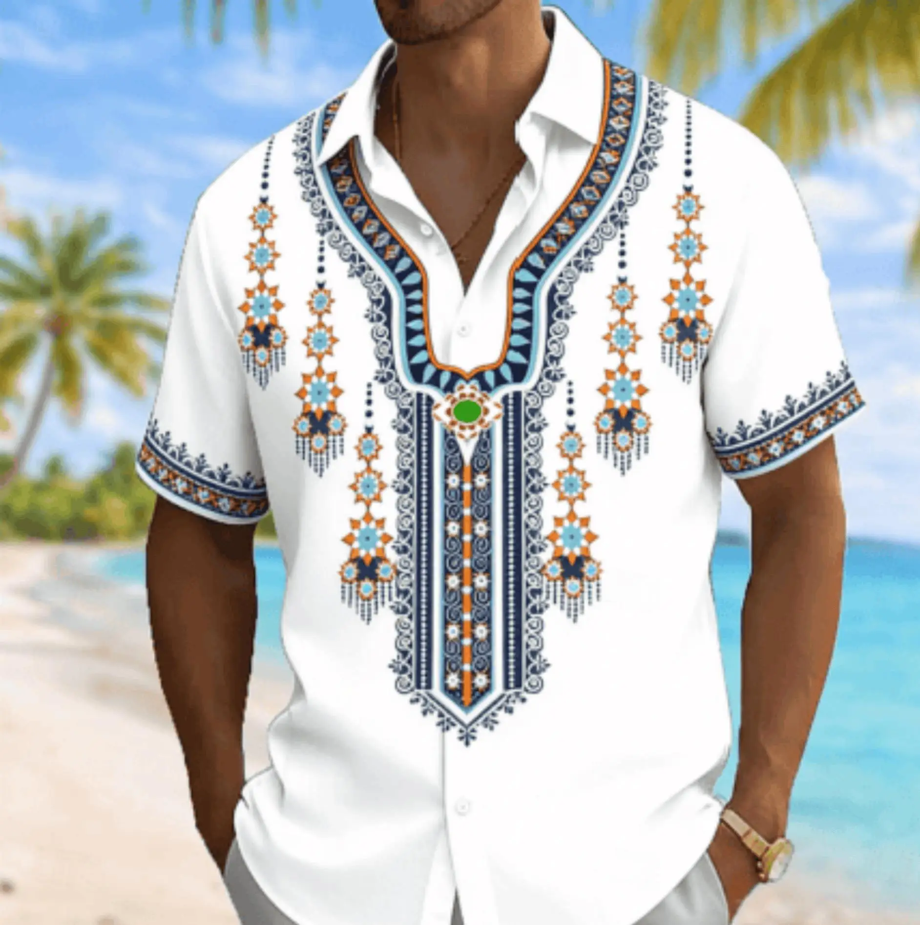 Retro Tribal Ethnic Style Diamond Floral Geometric Printed Shirt for Men's Outings,taking Photos To Show Off Weight,casual Shirt