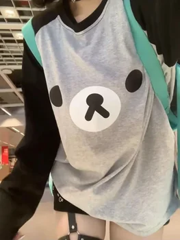 Deeptown Kawaii Anime koszulki damskie Oversize śliczne japońskie Harajuku styl Lolita koszulka z długim rękawem Preppy Y2k graficzny top moda