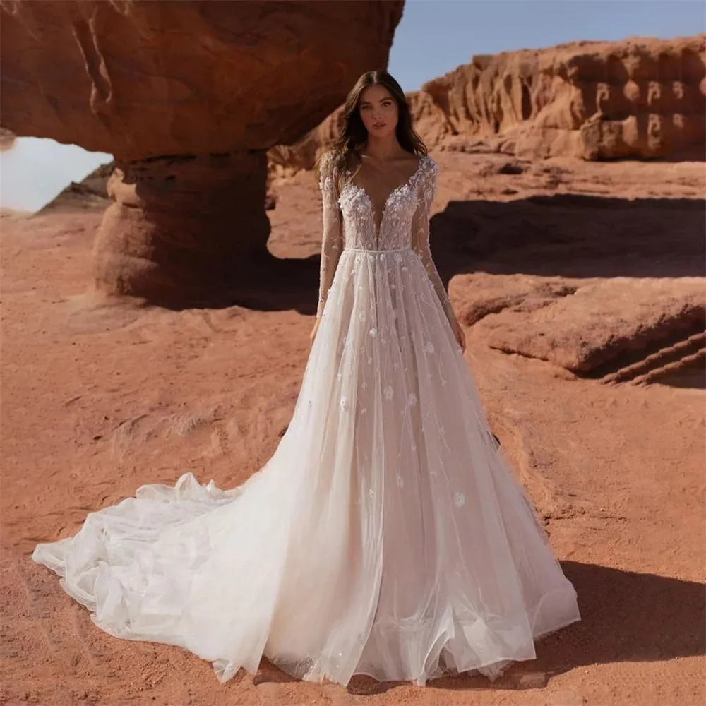 Neue A-E Braut V-ausschnitt Mit Langen Ärmeln Applique Tüll Mit Zug Kleider Für Frau Hochzeit Kleid Vestidos De Novia