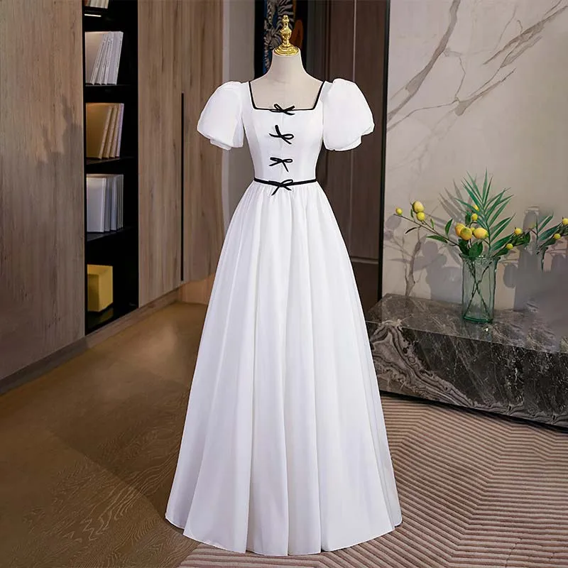 

Evening Dress Bow Square Collar Pleat Floor-Length Empire Short Sleeves Backless A-Line Elegant Party Formal Gown Woman B2057