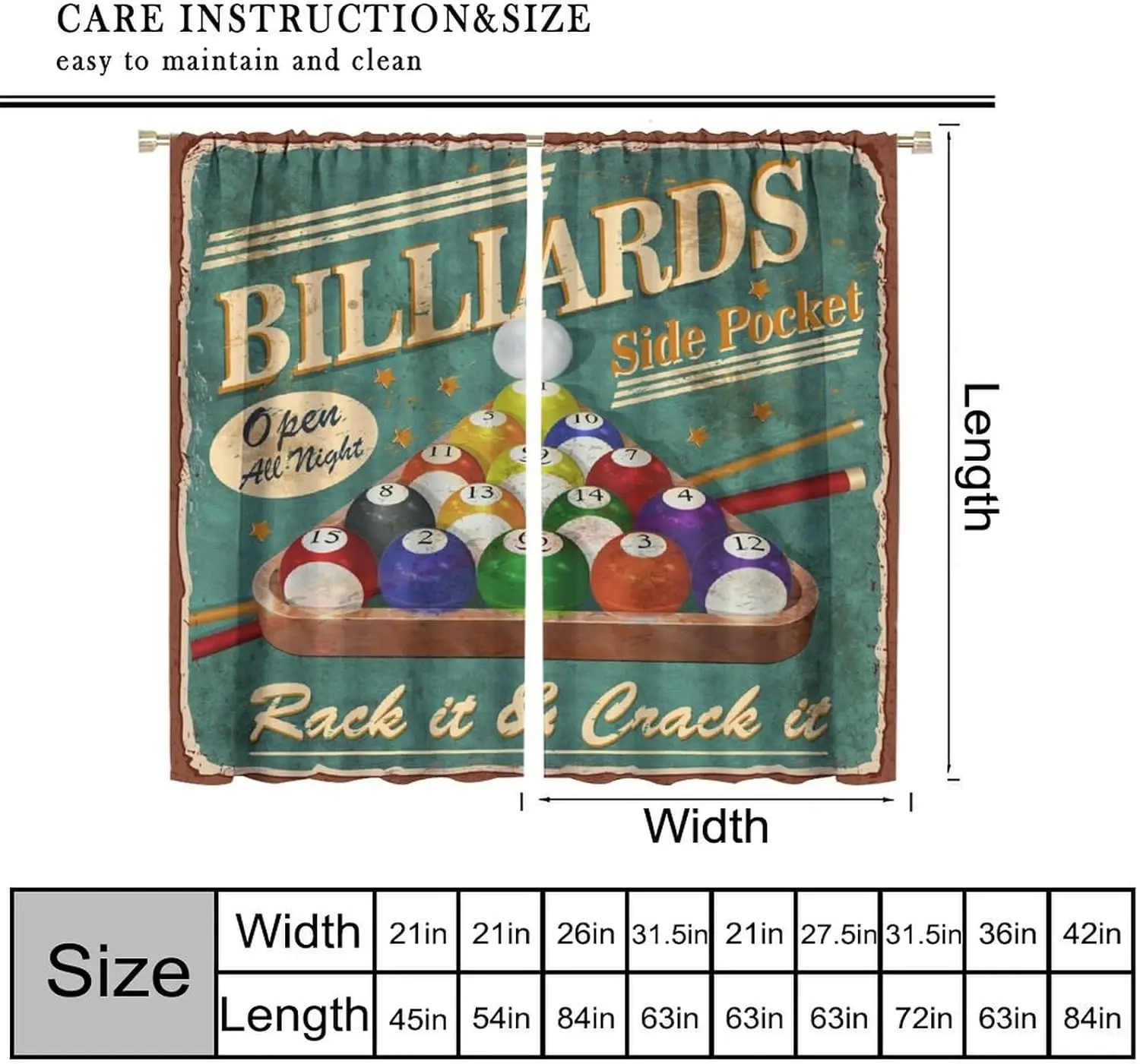 Vintage Sports Theme Billiards Curtains,Rustic 70s Pool Balls Window Treatments for Bedroom Living Room Retro Poster Style