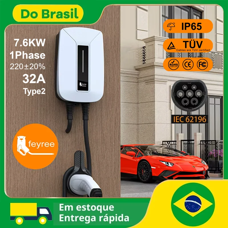 feyree EVSE Wallbox EV Charger Type2 32A 7KW 1 Phase IEC62196-2 Plug  Electric Vehicle Charging Station Car Charger 5m Cable