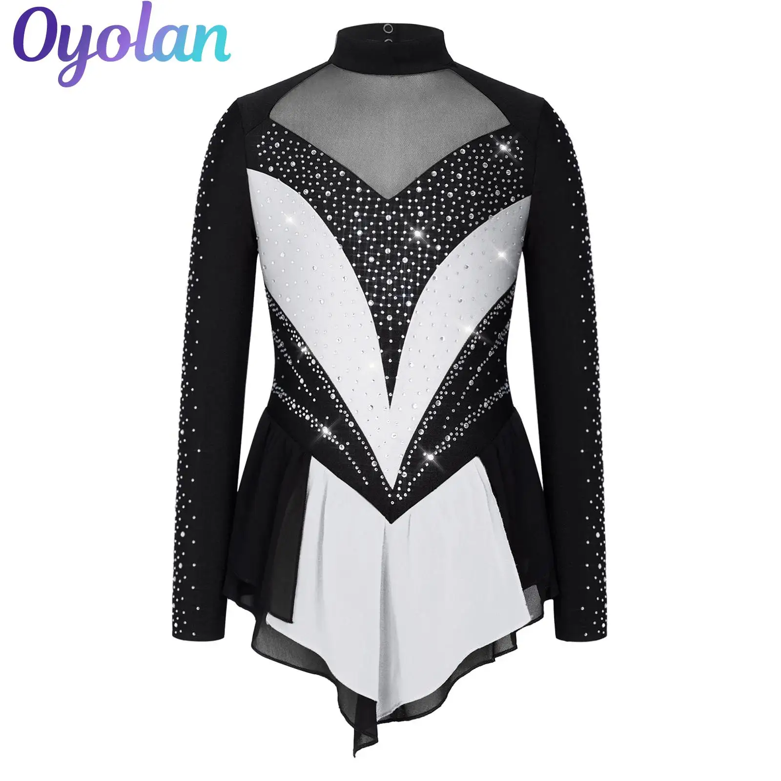 Kids Girls Professional Figure Skating Ballet Lyrical Dance Performance Dress Rhinestone Mesh Irregular Skirt Gymnastics Costume