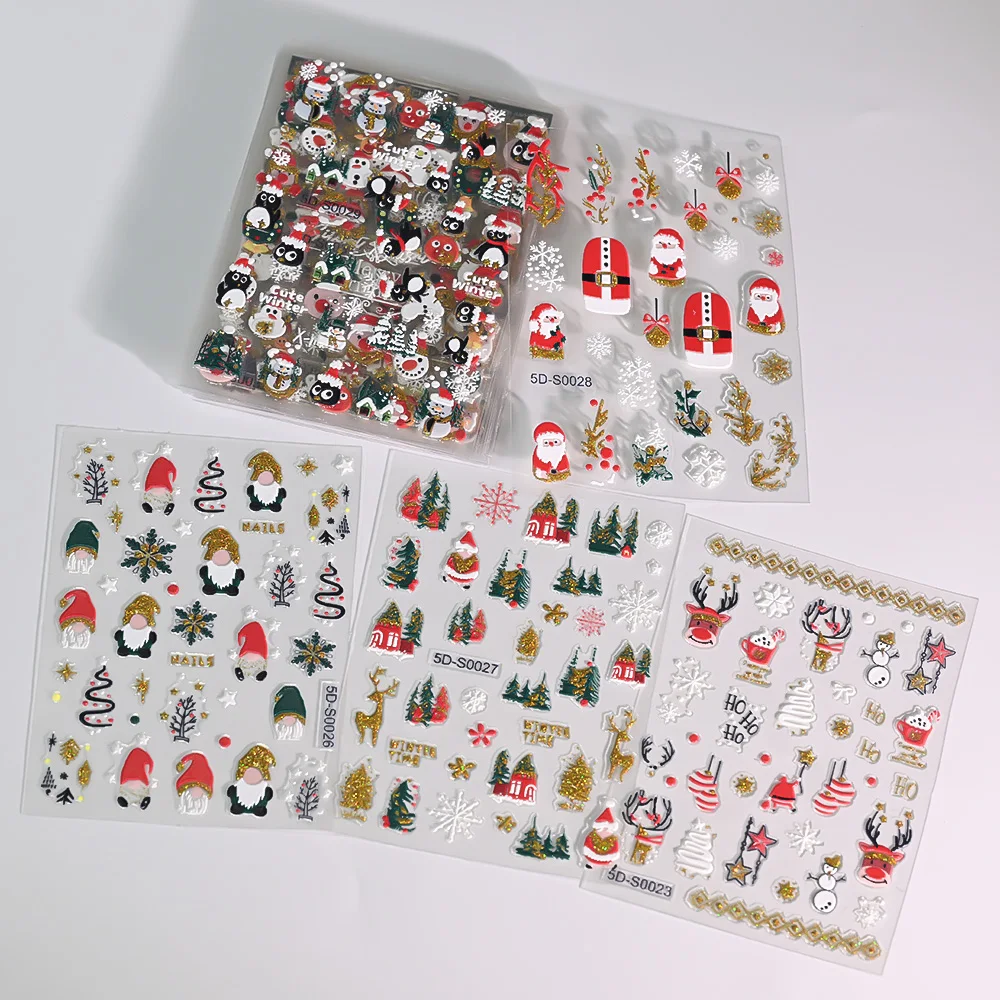 5D 크리스마스 반짝이는 만화 네일 스티커 눈송이/산타클로스/크리스마스 트리/노움 접착 네일 데칼 매니큐어 장식