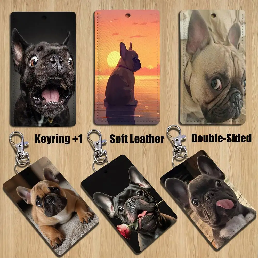 

funny B-BulldogS Dog French Rectangle ID Card Case Keychain Access Card Bag Key Tag Ring Leather Card Holder Key Ring Access