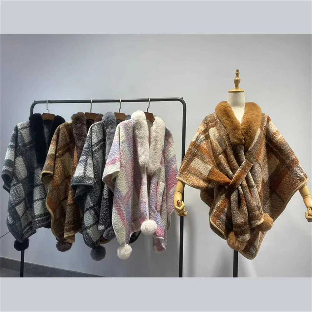 

4 Colors 2024 Autumn Oversize Criss-Cross Cloak Plaid Faux Lamb Fur Poncho Capes Women Loose Streetwear Printed Shawl Overcoat