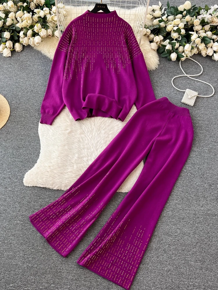 Elegant Knitted 2-Piece Set Fall/Winter Loose Nail Drill Half Turtleneck Sweater Top+High Waist Wide Leg Pants Casual Suit Women