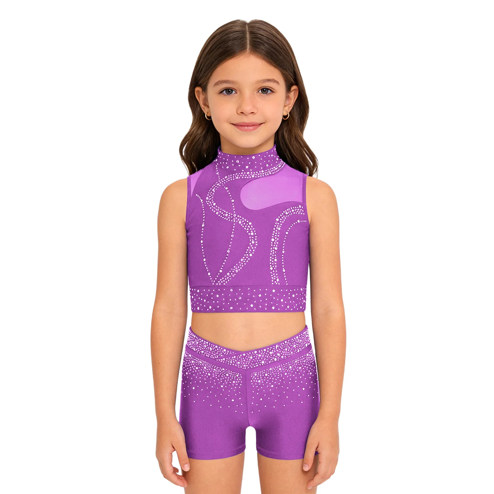 Kids Girls Gymnastics Jazz Sport Workout Dance Outfit Sleeveless Mesh Crop Top with Sparkling Rhinestones Shorts Stage Dancewear