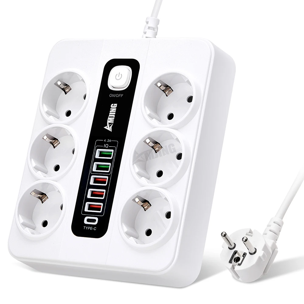 

EU Plug And Socket 10A 250V 3000W 2M Cable Extension Power Strip Surge Protector 20W QC3.0 Quick Charger Network Filter Adapter