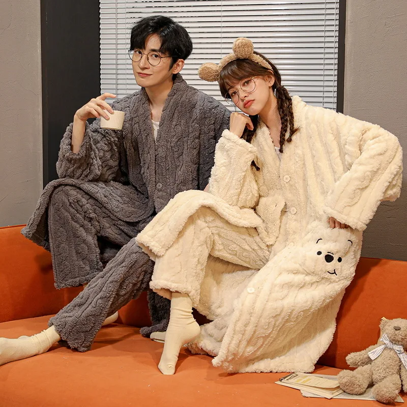 Couples Pajamas Women Men Sleepwear Winter Thicken Suit Kimono Pijamas Sets Soft Warm Korean Pyjama Femme Lovers Set Hombre