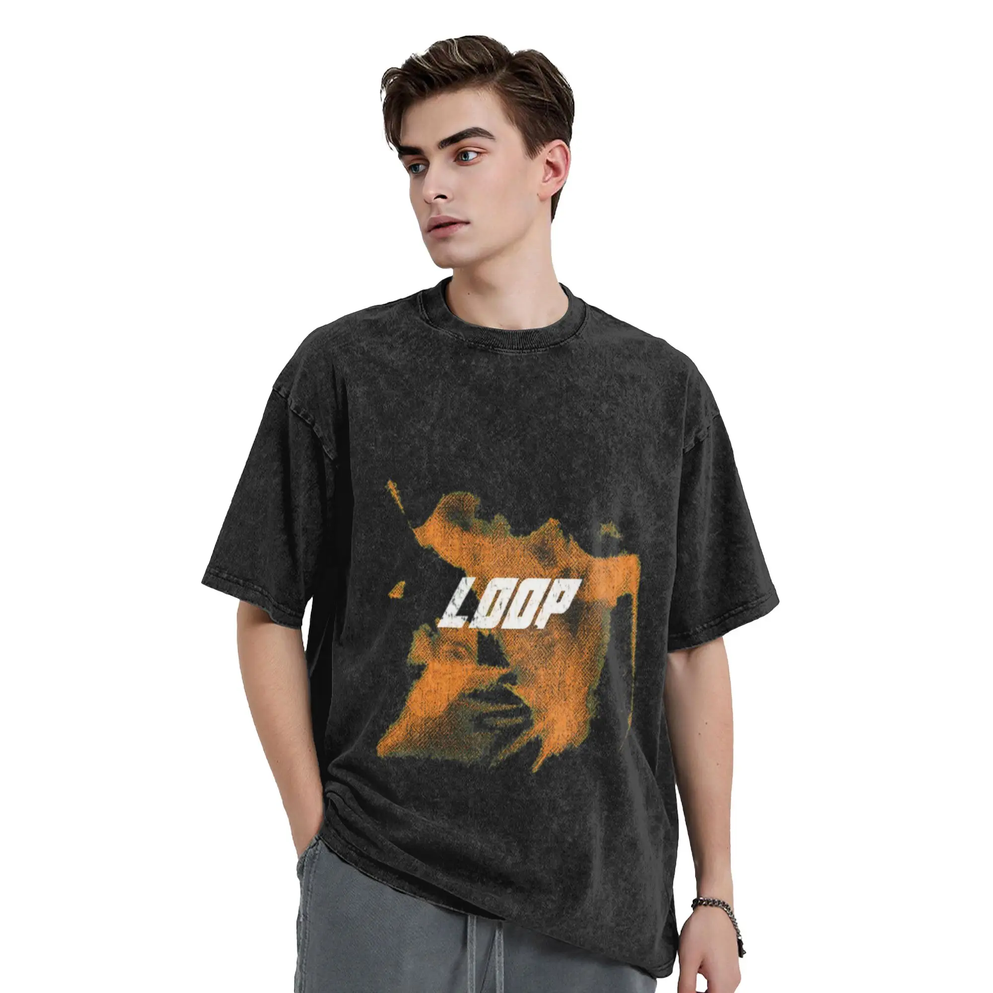 Distressed LOOP Typography Grunge Classic Trendy A Washed T Shirt Men's Women's Oversized Cotton Tees Tops