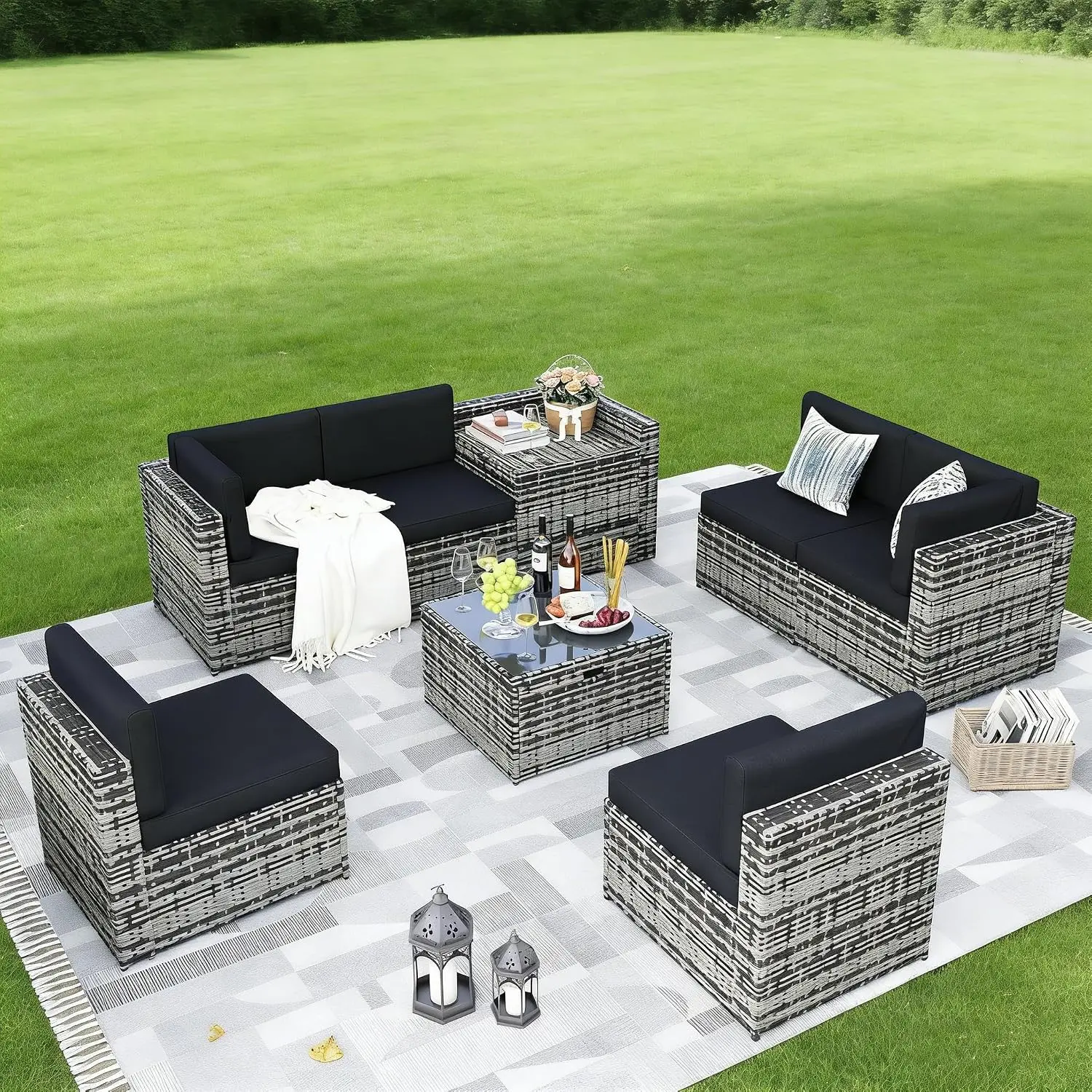 Outdoor Furniture With Storage For Cushions - 8-Piece Wicker Patio Sectional Sofa Set
