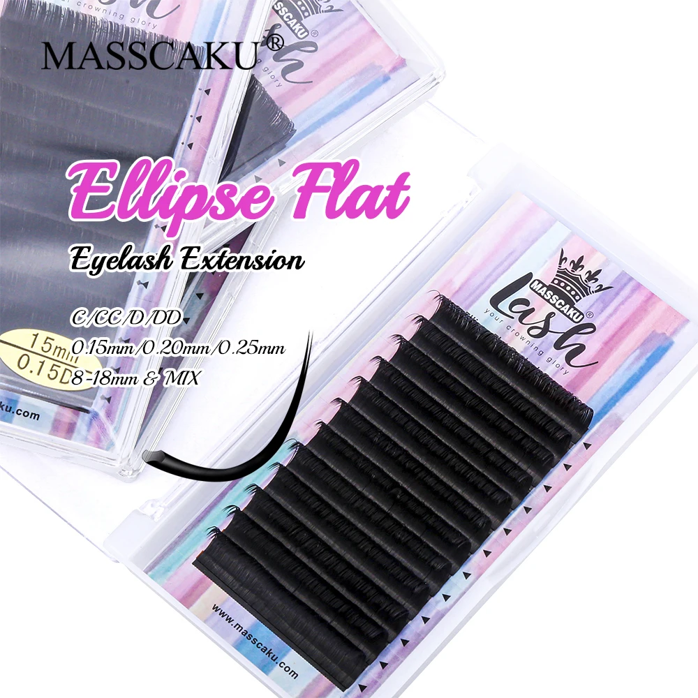 

High Quality Handmade Silk Natural Long Matte Black Ellipse Flat Eyelash Extension All Size Professional Grafting Lash in Stock