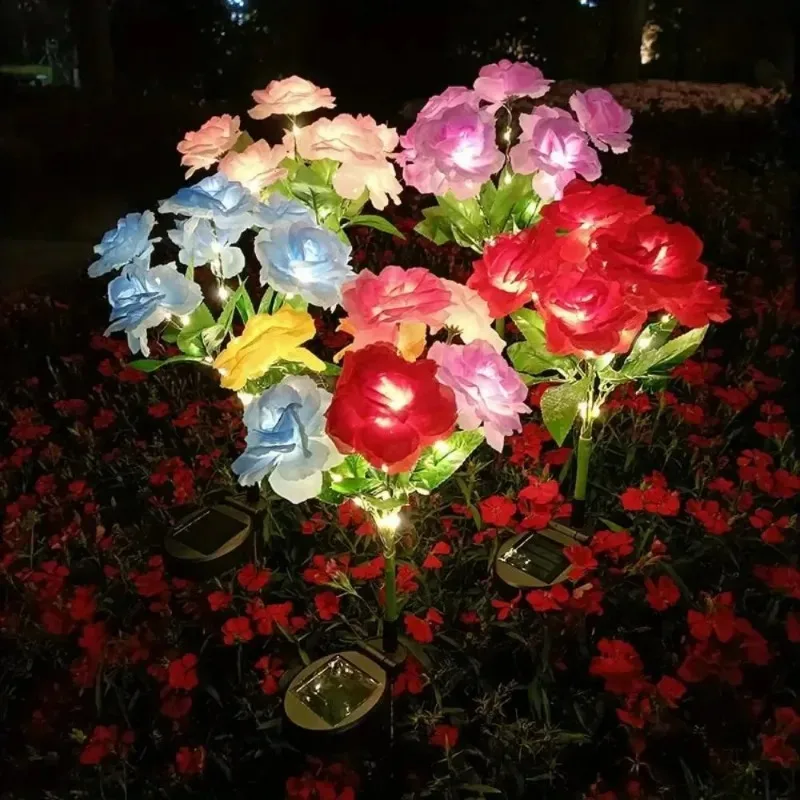 1 Bundle 7-Head Color Solar Rose Simulation Garden Light, LED Ground Inserted Atmosphere Decoration Light for Pathway Patio Gard image 3