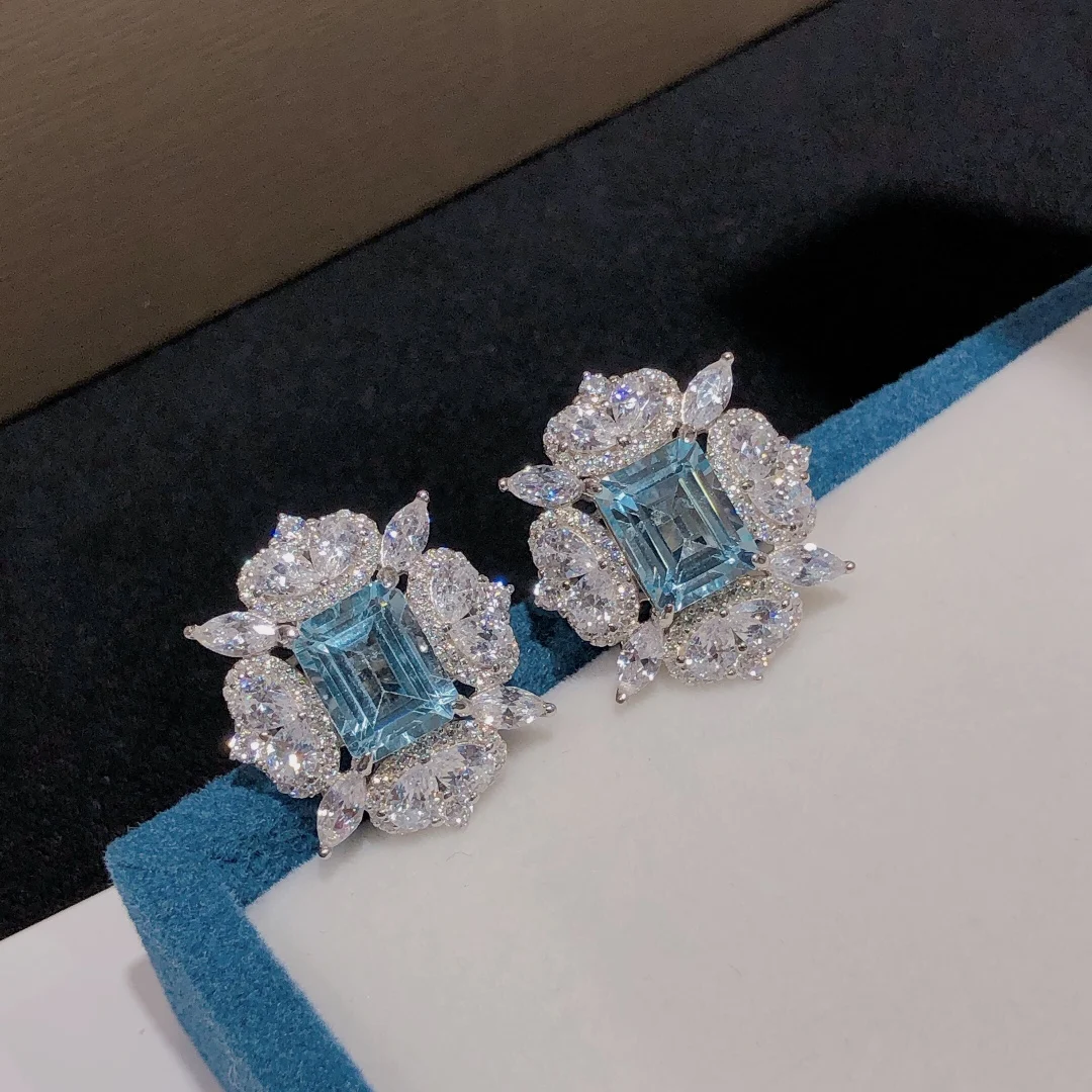 S925 Sterling Silver Hot Jewelry Sky blue Natural Topaz For Women Gemstone Silver Earrings Wholesale