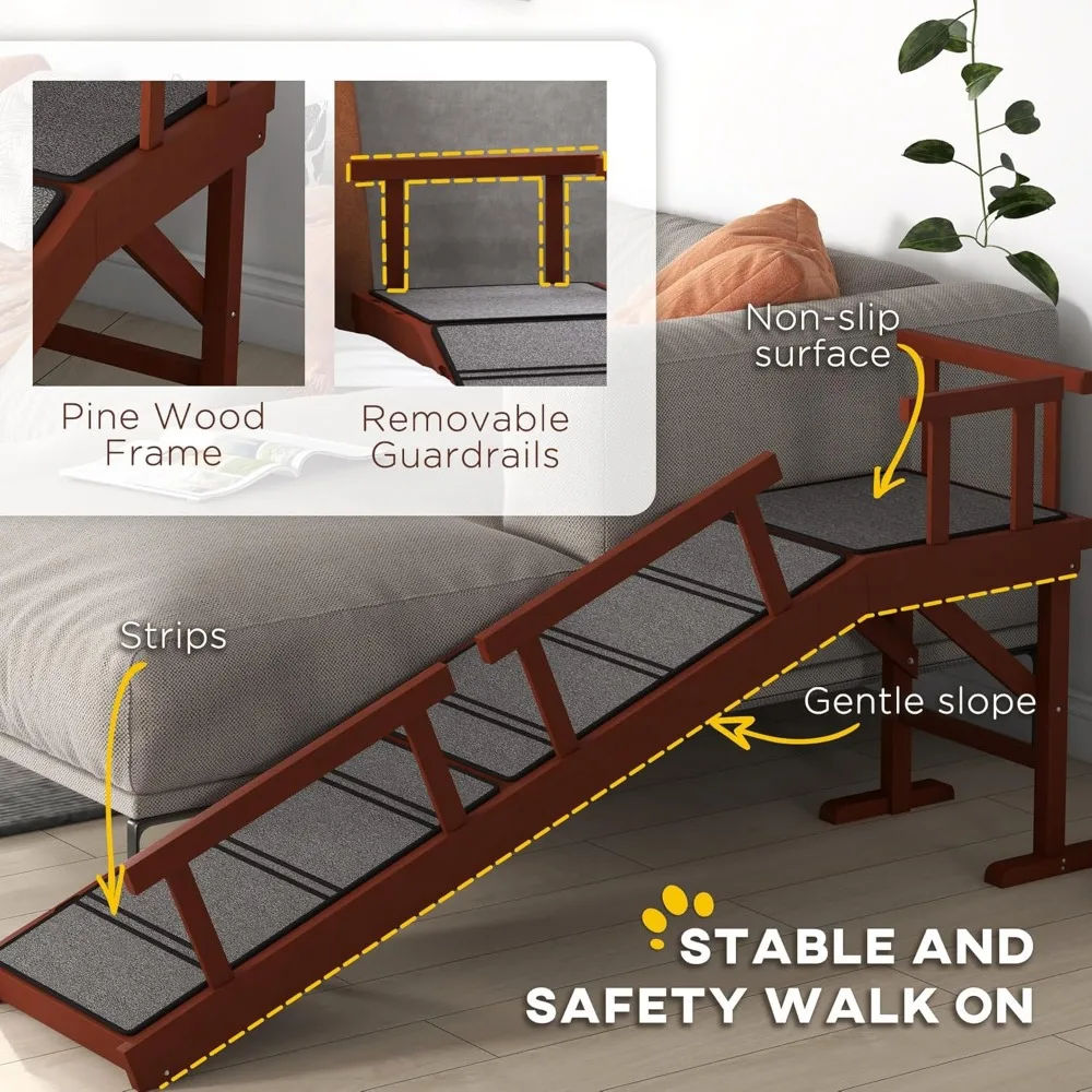 Dog Ramp, Dog Stairs for Small, Medium & Large Dogs, Pet Ramp for Bed or Couch with Removable Guardrails, Non-Slip Surface, 60"