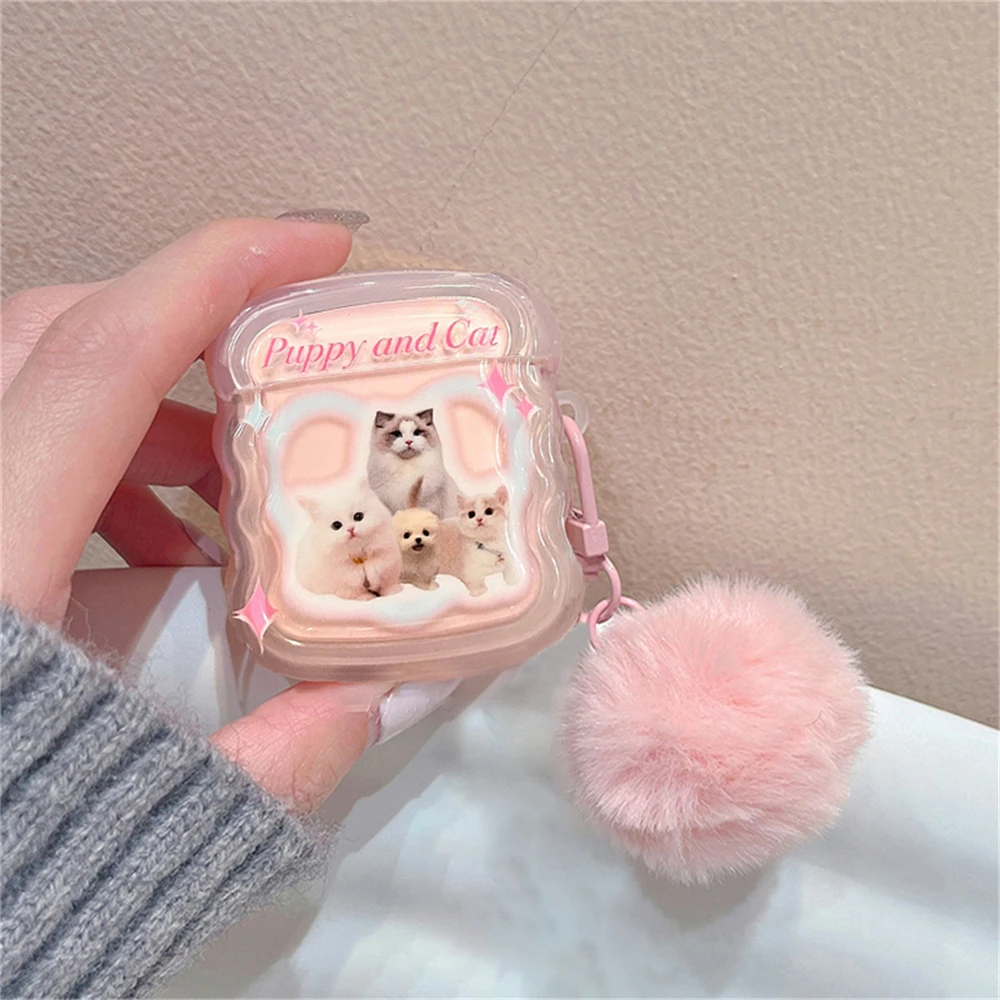 Korean Cute Punny And Cat Pink Wavy Border Headphones Case For AirPods 1 2 3 With Fur Ball Pendant Soft Cover For AirPods Pro 2