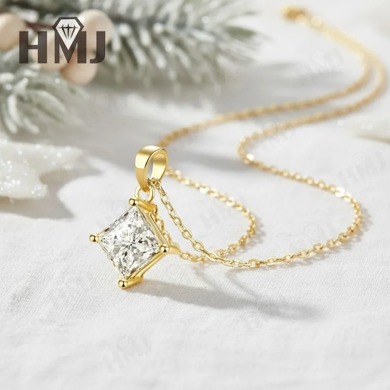 Klassische Halskette im Princess-Schliff, 1/2/3 Karat, D-Farbe, Moissanit, S925, vergoldet, weiße, gelbe und roségoldene Kette für Verlobung, Weihnachten, Charm – Detail 14