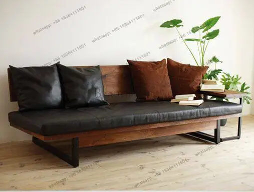 Nordic retro oil wax leather solid wood sofa chair, backrest, lazy sofa wrought iron chair