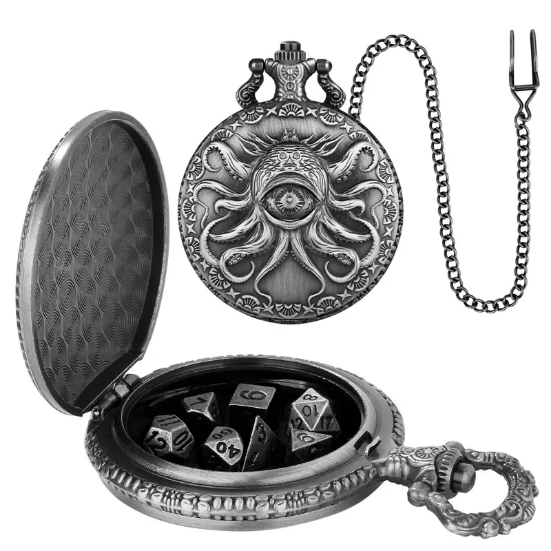 Classic Cyclops Octopus Design Pocket Watch Case Pendant Chain 7pcs Tiny Polyhedral Metal Dice Set Table Role Play Gaming Dices