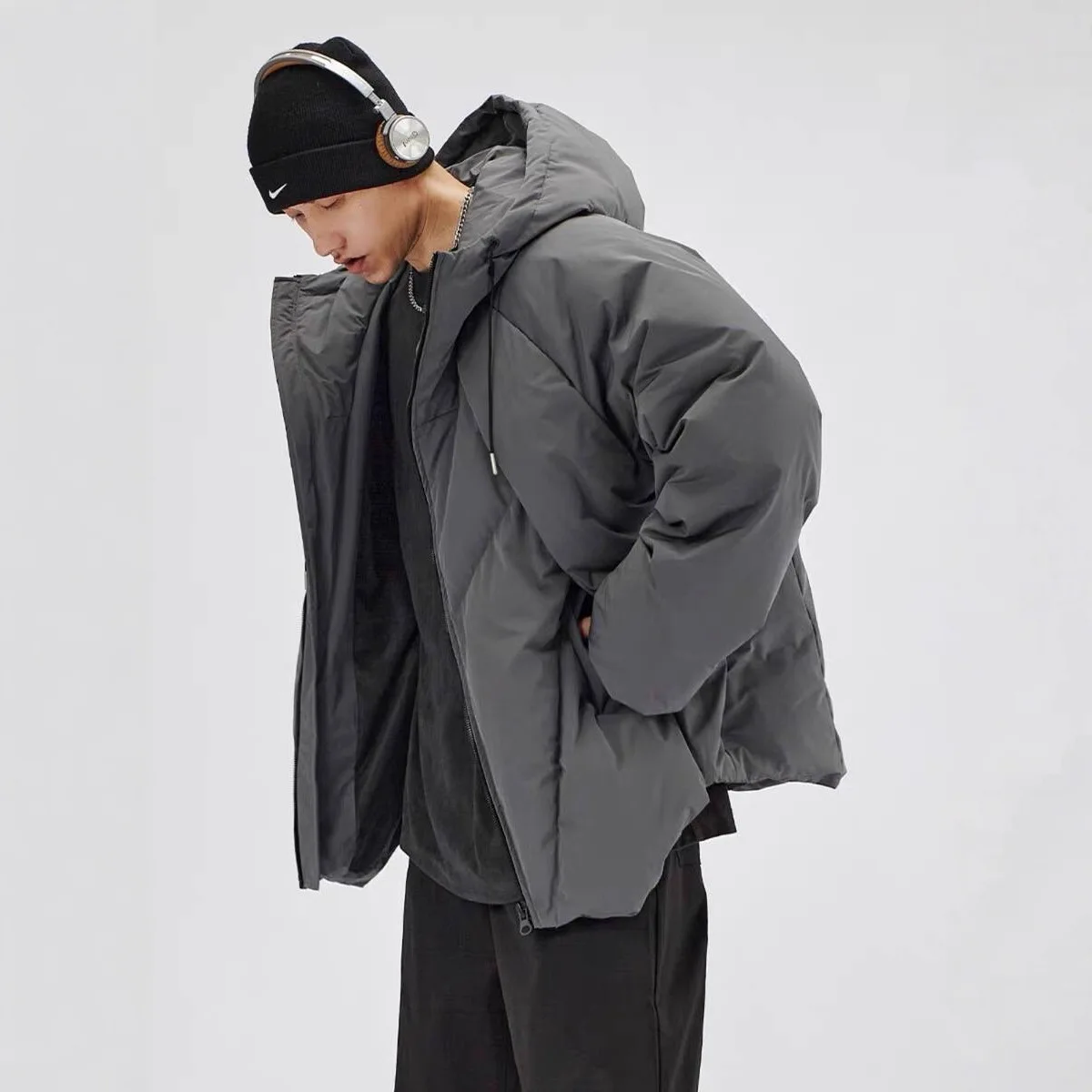 

KIDCRKJ Winter Men Down Jacket New Thicken Solid Simple Versatile Male Coat Long Sleeve Hooded Sport Loose Casual Man Outerwear