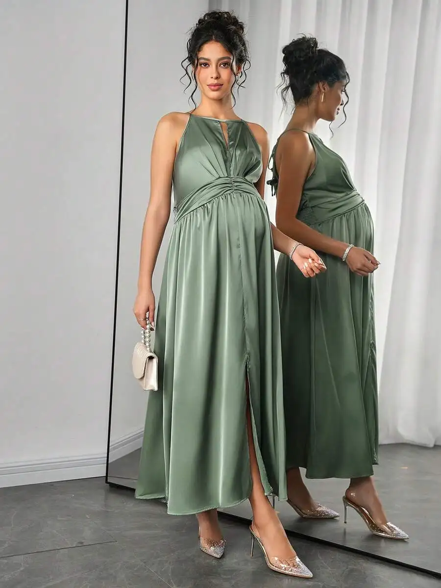 

Satin Maternity Maxi Dress With Side Slit Halter Neck