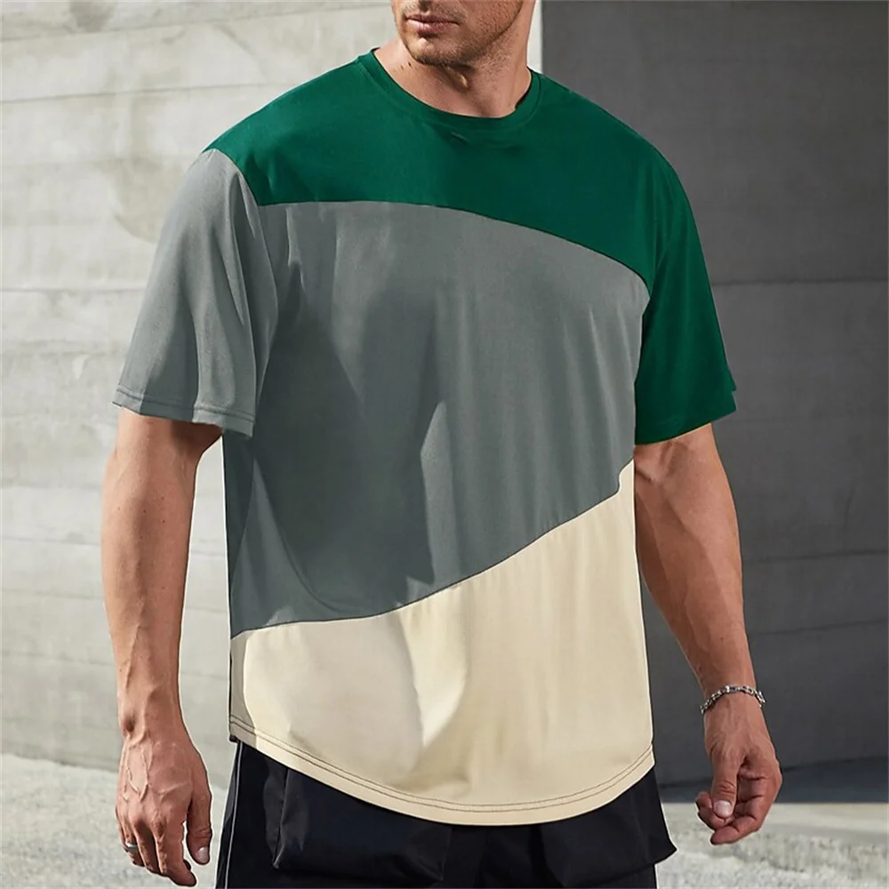 Simple Color Block Printed Summer Men's O-Neck T-shirts Casual Short Sleeve Oversized Pullover Fashion Streetwear Men Clothing